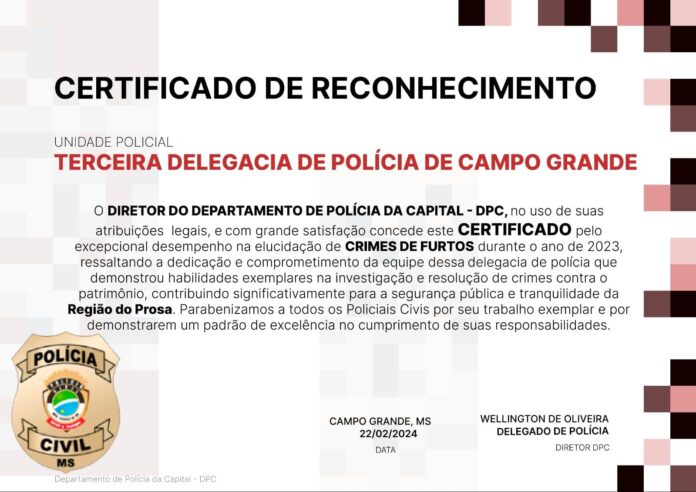 Terceira Delegacia é agraciada com certificado de reconhecimento por destaque na elucidação de furtos em 2023